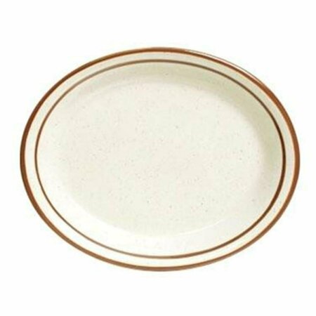 TUXTON CHINA Bahamas 9.5 in. x 7.5 in. Narrow Rim with Brown Speckle Oval Platter - White - 2 Dozen TBS-012